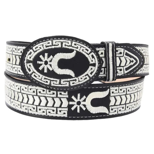 Cinto charro negro con herraduras en blanco