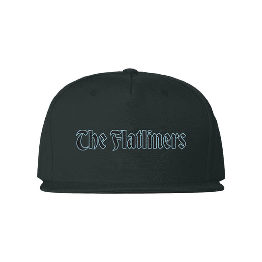 A black snapback hat by The Flatliners, featuring their name in a light blue Gothic font on the front—perfect for fans who love that Cold World vibe.
