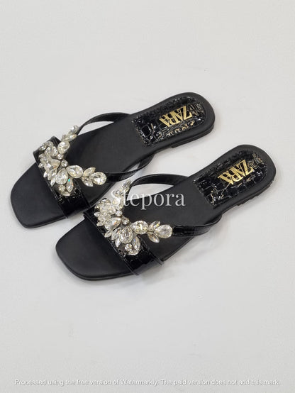 Crystal Floral Embellished Slides – Jeweled Flat Summer Sandals