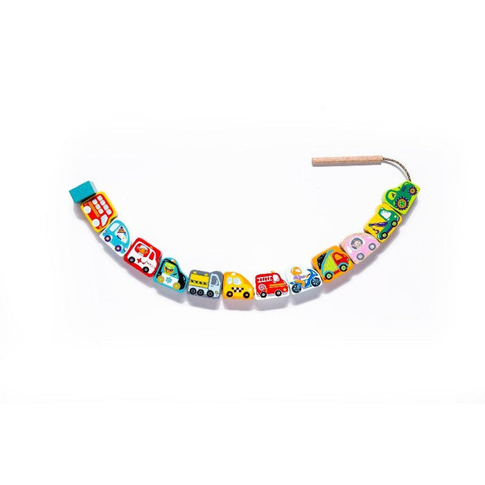 The Cubika Wooden Lacing Toy Flying Cars by Cubika features colorful wooden vehicles strung on a handled lace—perfect for building fine motor skills.