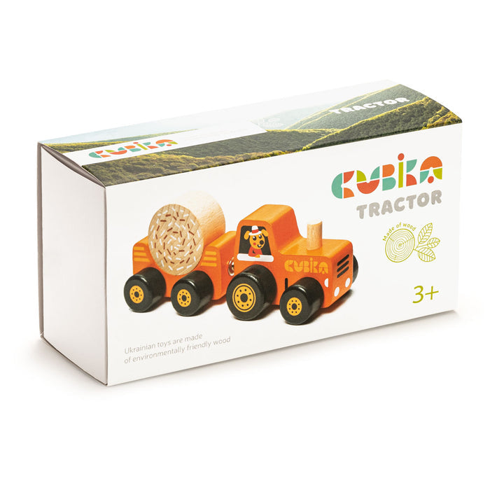 The Cubika Wooden Toy Tractor by Cubika is an eco-friendly farm playset for ages 3+, featuring an orange tractor with a log trailer. Packaging showcases the brand, product name, and highlights its sustainable wooden materials.
