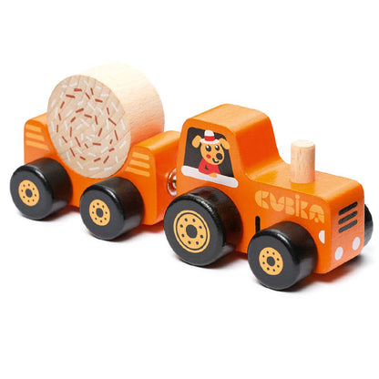 The Cubika Wooden Toy Tractor by Cubika features a bright orange design, black wheels, a pull-along trailer with a round wooden hay bale, and a dog character in a hat. Eco-friendly and perfect for imaginative farm play!.