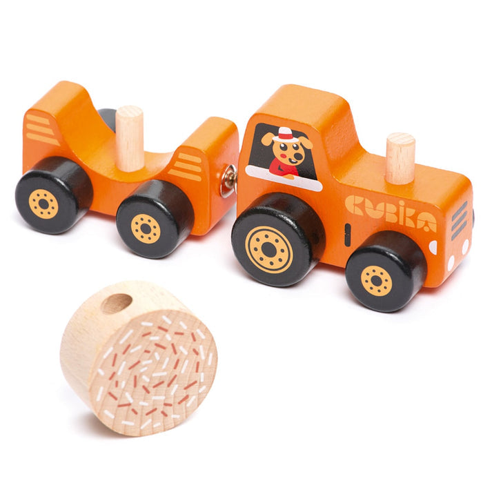 The Cubika Wooden Toy Tractor by Cubika features two detachable parts, black wheels, a driver dog illustration, and a detailed cylindrical log accessory—ideal for imaginative farm play.