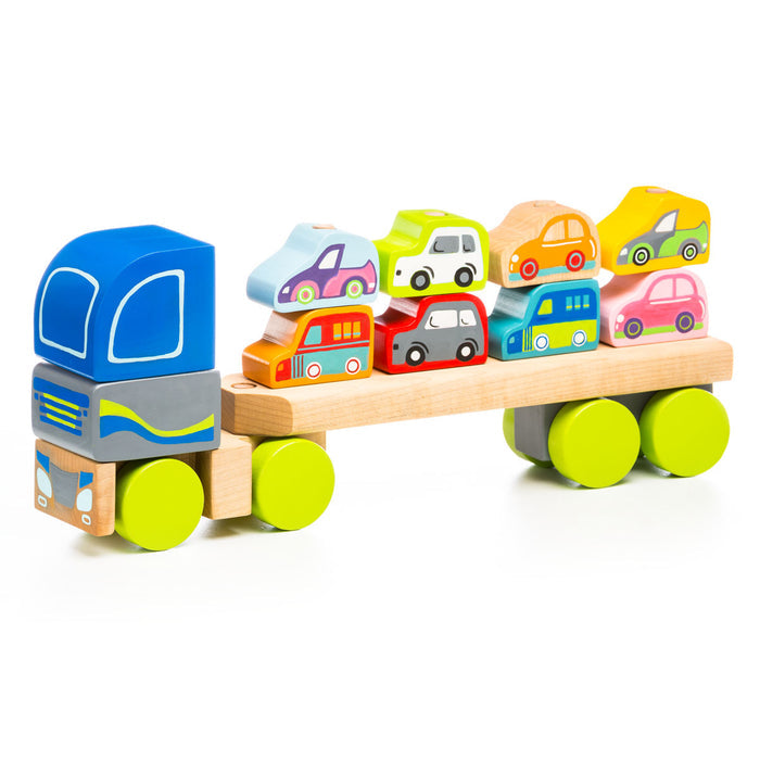The Cubika Wooden Truck with Cars by Cubika features a blue-cab wooden truck with green wheels and eight colorful mini cars, ideal for imaginative play and developing fine motor skills.