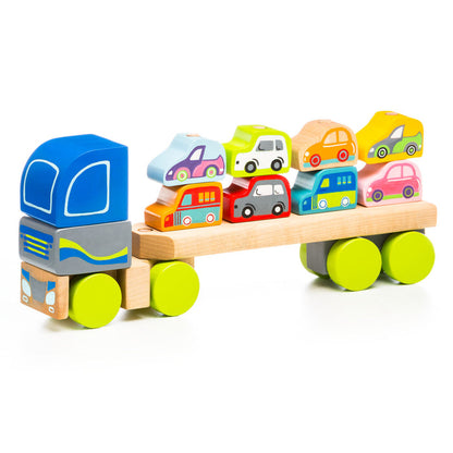 The Cubika Wooden Truck with Cars by Cubika features a blue-cab wooden truck with green wheels and eight colorful mini cars, ideal for imaginative play and developing fine motor skills.