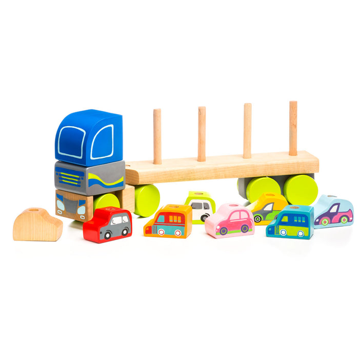 The Cubika Wooden Truck with Cars by Cubika features a truck with four upright posts, a removable blue cab, eight colorful mini cars, and a wooden block—ideal for developing fine motor skills.