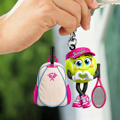 Cute Personalized Tennis Ball Mascot With Tennis Backpack Design Keychain