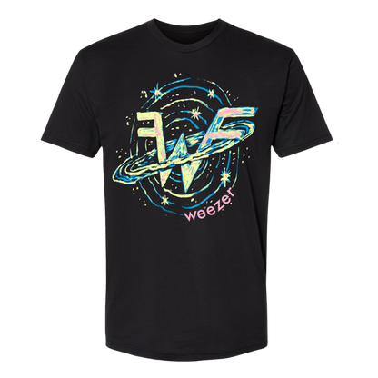 Black short-sleeved t-shirt featuring a vibrant, cosmic-themed graphic with the band weezer’s logo in stylized lettering surrounded by swirling blue and teal patterns and stars.