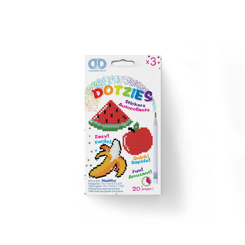 A white box of Diamond Dotz Dotzies Stickers - Healthy by Diamond Dotz, featuring pixel art fruit stickers (watermelon, apple, banana), with colorful “Easy! Facile!” and “Quick! Rapide!” text and a pen tool illustration on the side.