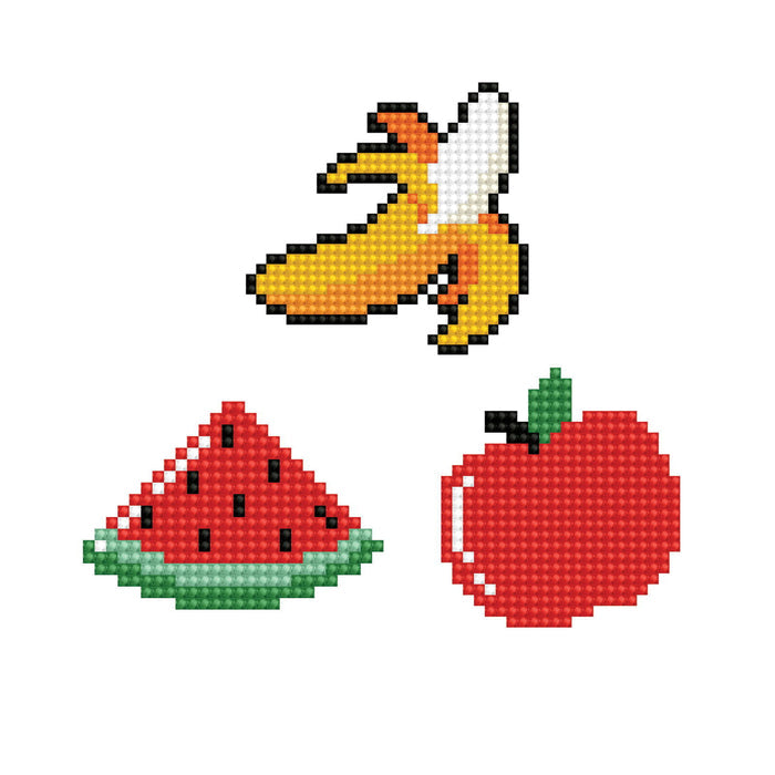 Diamond Dotz Dotzies Stickers - Healthy by Diamond Dotz features pixel art designs of a peeled banana, watermelon slice, and red apple as colorful fruit-themed stickers, inspired by DIY sticker art on a white background.
