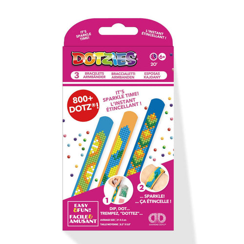 The Diamond Dotz Gone Troppo Bracelets package by Diamond Dotz includes three decorated bracelets, 800+ dots, rainbow colors, and English/French text. This DIY craft kit for kids ages 6+ features vibrant dotted designs on the packaging.