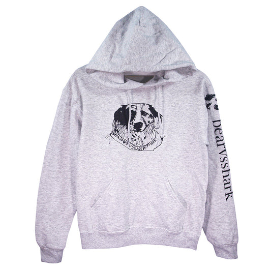 A light gray bearvsshark hoodie with a black dog face illustration on the chest and "bearvsshark" printed on the right sleeve—a standout piece among printed garments.