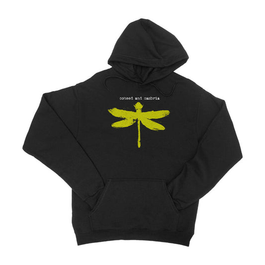 This black pullover hoodie by Coheed and Cambria features a bold yellow dragonfly graphic with subtle white band text above the design.