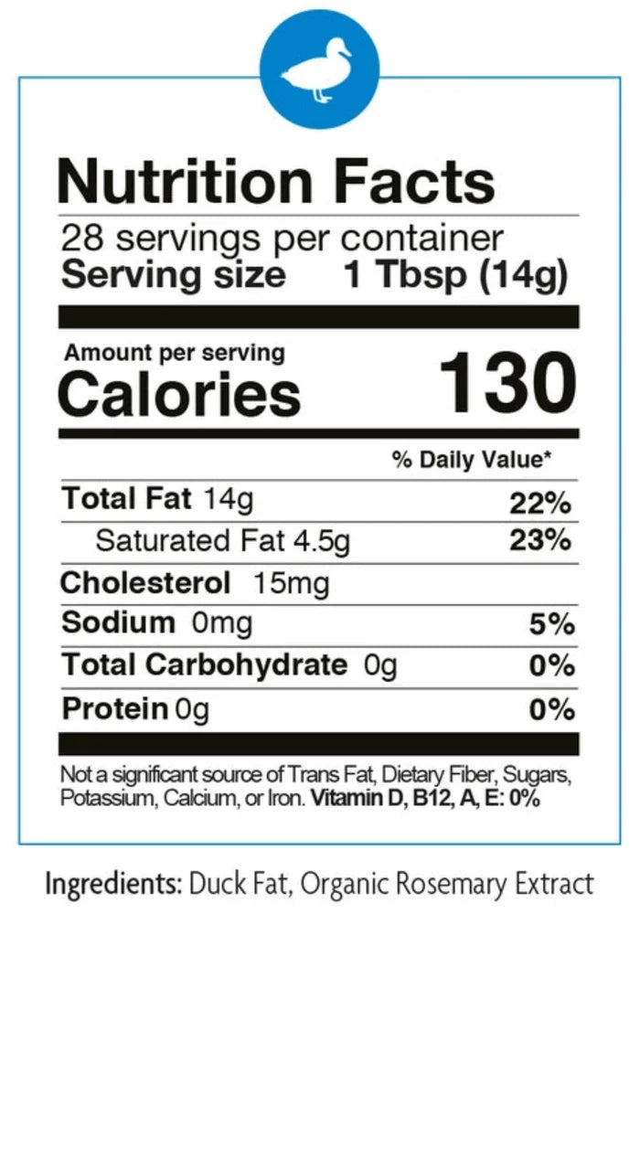 Duck Fat Cooking Oil - Cage Free nutrition info
