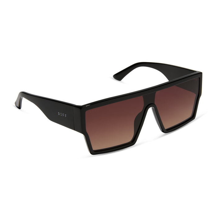 diff eyewear electra shield sunglasses black & brown gradient angled view