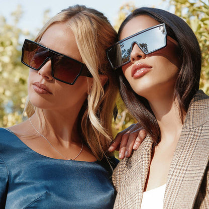on model - female wearing diff eyewear electra in black and aubergine sunglasses
