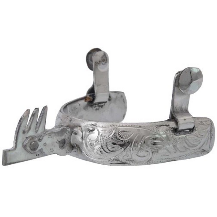 A traditional charro spur with a silver finish and hand-engraved details.