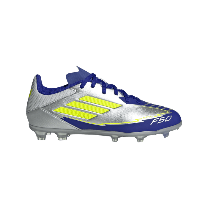 adidas F50 LEAGUE MESSI Firm/Multi-Ground Soccer Cleats | Silver Metallic / Solar Yellow / Lucid Blue | Kid's