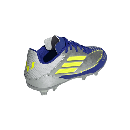 adidas F50 LEAGUE MESSI Firm/Multi-Ground Soccer Cleats | Silver Metallic / Solar Yellow / Lucid Blue | Kid's