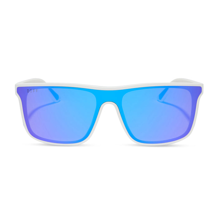 diff sport featuring the flash square sunglasses with a matte white frame and purple mirror polarized lenses front view