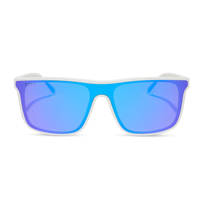 diff sport featuring the flash square sunglasses with a matte white frame and purple mirror polarized lenses front view