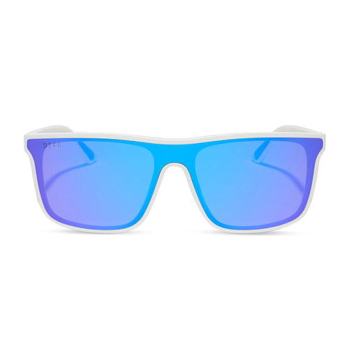 diff sport featuring the flash square sunglasses with a matte white frame and purple mirror polarized lenses front view