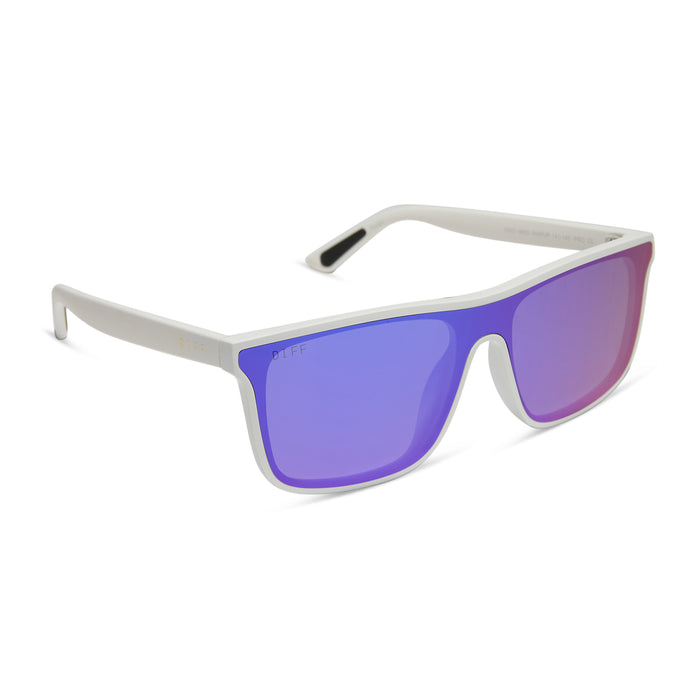 diff sport featuring the flash square sunglasses with a matte white frame and purple mirror polarized lenses angled view