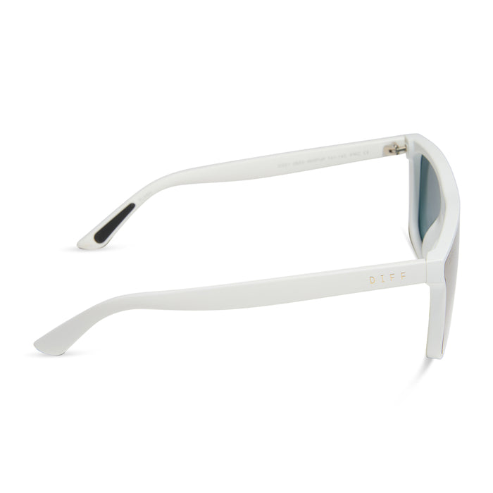 diff sport featuring the flash square sunglasses with a matte white frame and purple mirror polarized lenses side view