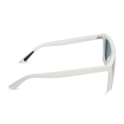 diff sport featuring the flash square sunglasses with a matte white frame and purple mirror polarized lenses side view