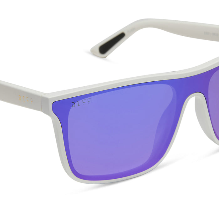 diff sport featuring the flash square sunglasses with a matte white frame and purple mirror polarized lenses detailed view