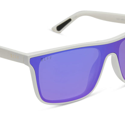 diff sport featuring the flash square sunglasses with a matte white frame and purple mirror polarized lenses detailed view