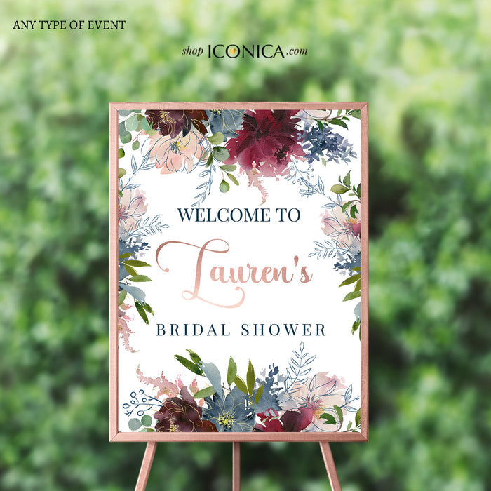 Floral Bridal Shower Welcome Sign – Pink, Blue & Burgundy Decor