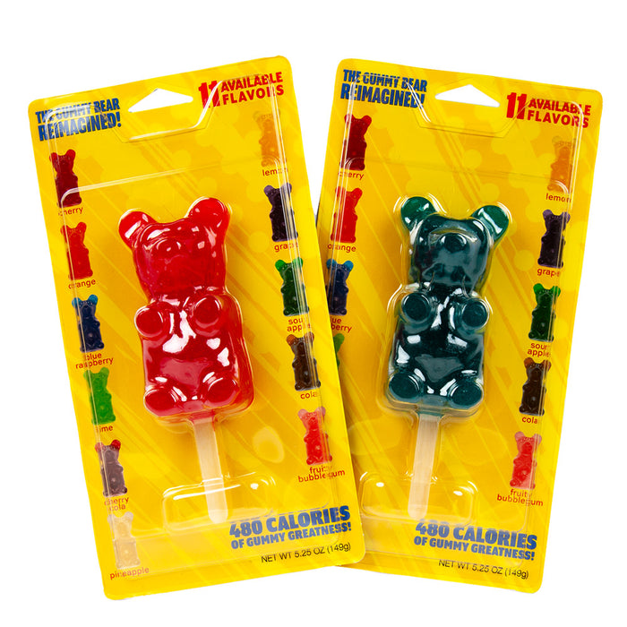 Giant Gummy Bear Cherry and Blue Raspberry Gummy Candy on Stick Blister Pack - 12 Count