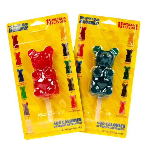 Giant Gummy Bear Cherry and Blue Raspberry Gummy Candy on Stick Blister Pack - 12 Count