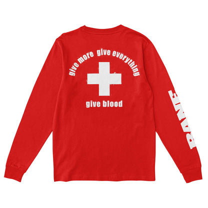 The Bane Blood Long-Sleeve T-Shirt is a bold red top with a white cross and striking phrases on the back, plus BANE on the sleeve. Made with Comfort Colors for lasting softness.