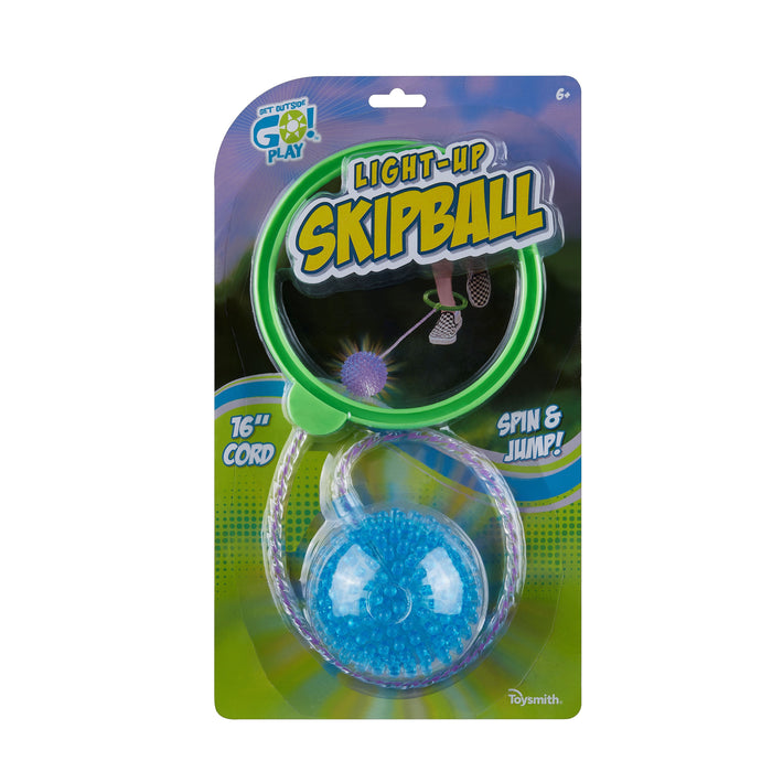 The GO! Play GO! Light-Up Skipball features a green ankle ring, clear 16" cord, and blue spiky ball. Packaging shows a child playing with “Spin & Jump!” and is recommended for ages 6+. Great for backyard fun.