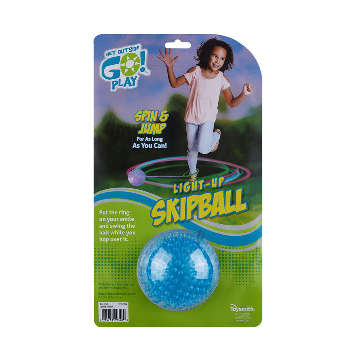 The GO! Play GO! Light-Up Skipball, in blue and green packaging, features Spin & Jump and Light-Up functions for exciting outdoor fun, shown with a smiling child ankle-jumping for backyard play.
