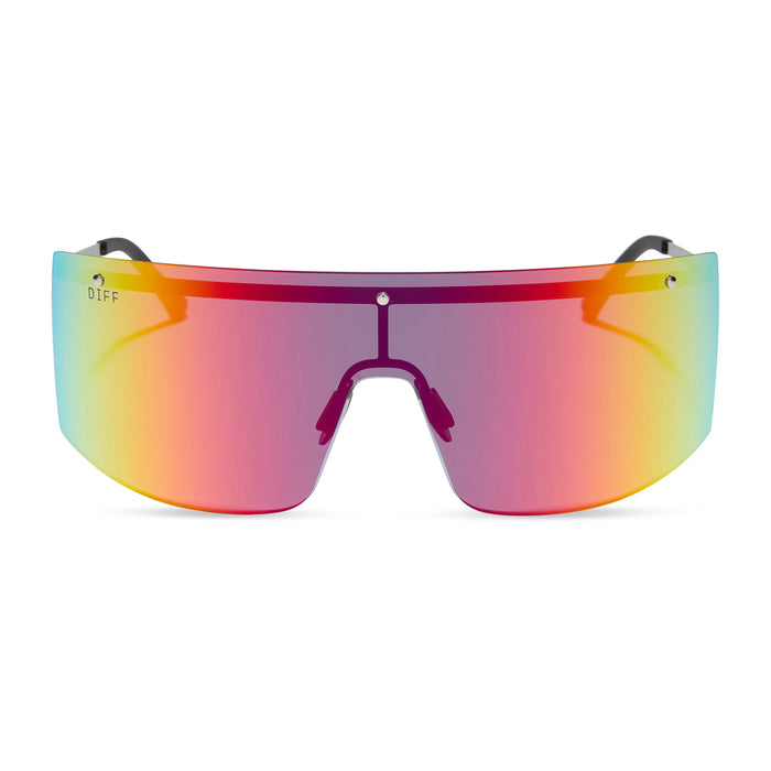 diff sport featuring the grandslam shield sunglasses with a black frame and rainbow mirror polarized lenses front view