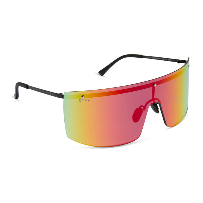 diff sport featuring the grandslam shield sunglasses with a black frame and rainbow mirror polarized lenses angled view