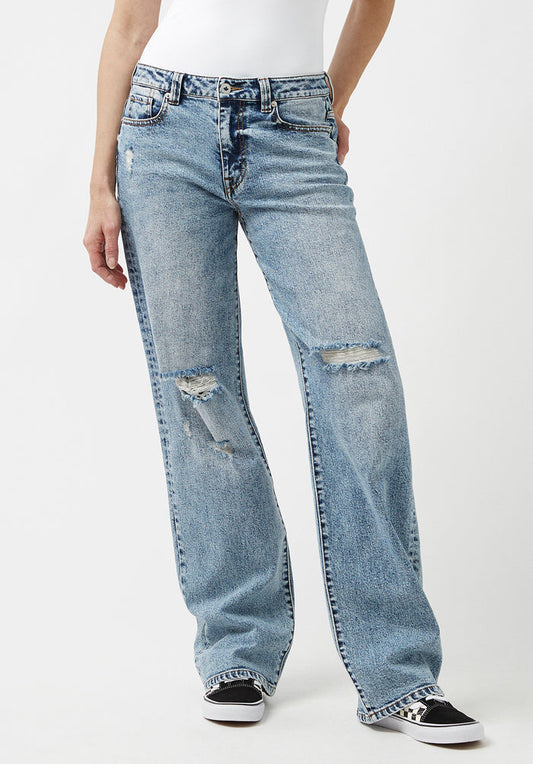 Buffalo Women Jeans Navy Denim Denim Pants Stretch Low Rise Loose Straight Fit