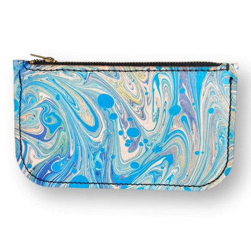Hand Dipped Ink Art Blue Leather Zipper Pouch Wallet Purse Women's Men's USA - Mother Road Customs