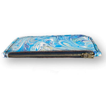 Hand Dipped Ink Art Blue Leather Zipper Pouch Wallet Purse Women's Men's USA - Mother Road Customs