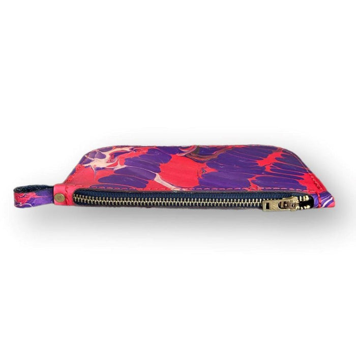 Hand Dipped Ink Art Red Purple Leather Zipper Pouch Wallet Purse Women's Men's - Mother Road Customs