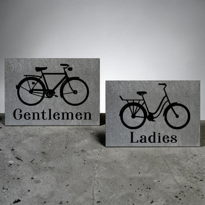Ladies bicycle bathroom sign
Gentlemen bicycle bathroom sign
Barn tin restroom sign set
Antique bike wall decor sign
Rustic metal bathroom signage