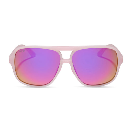 diff sport featuring the hangtime aviator sunglasses with a matte baby pink frame and pink rush mirror polarized lenses front view