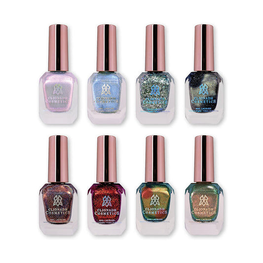 Set of eight nail polish bottles containing Nail Lacquers from the Haunted Halloween Bundle, on a white background.