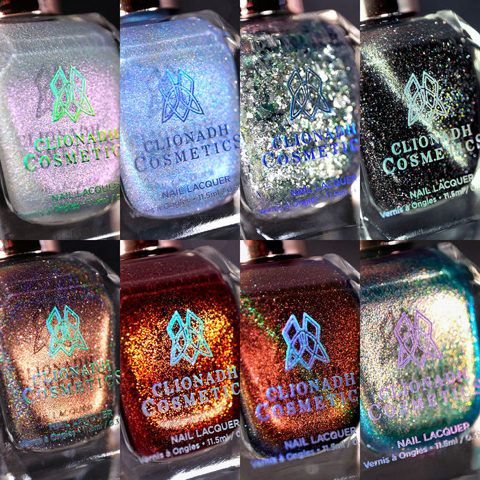 Close-up collage of eight Clionadh Cosmetics nail polish bottles with glittery finishes.