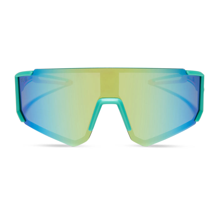 diff sport featuring the heat shield sunglasses with a turquoise frame and turquoise ice mirror polarized lenses front view