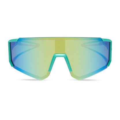 diff sport featuring the heat shield sunglasses with a turquoise frame and turquoise ice mirror polarized lenses front view