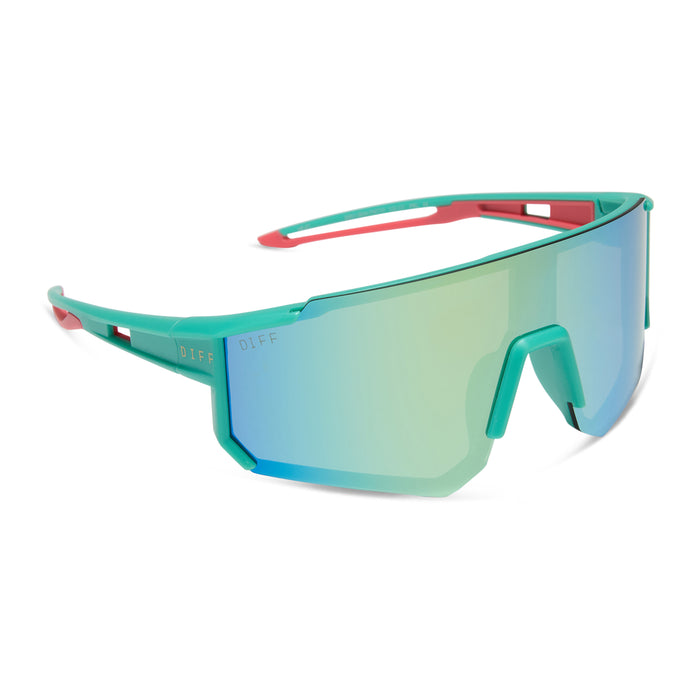 diff sport featuring the heat shield sunglasses with a turquoise frame and turquoise ice mirror polarized lenses angled view
